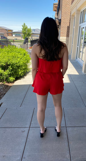 Strapless Ruffle Romper in Red