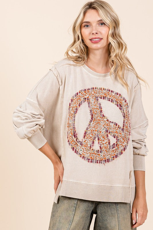 Peace Sign Mixed Fabric Sweatshirt