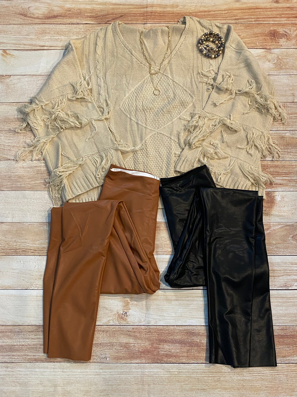 Lined Pleather Leggings in Camel