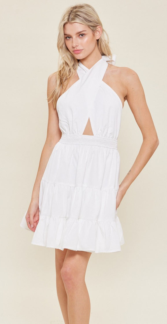 Halter Neck Tiered  White Dress