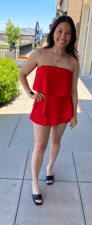 Strapless Ruffle Romper in Red