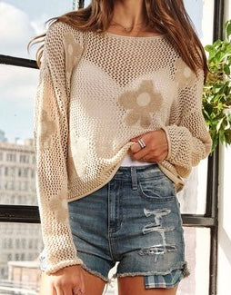 Floral Print Mesh Sweater in Oatmeal