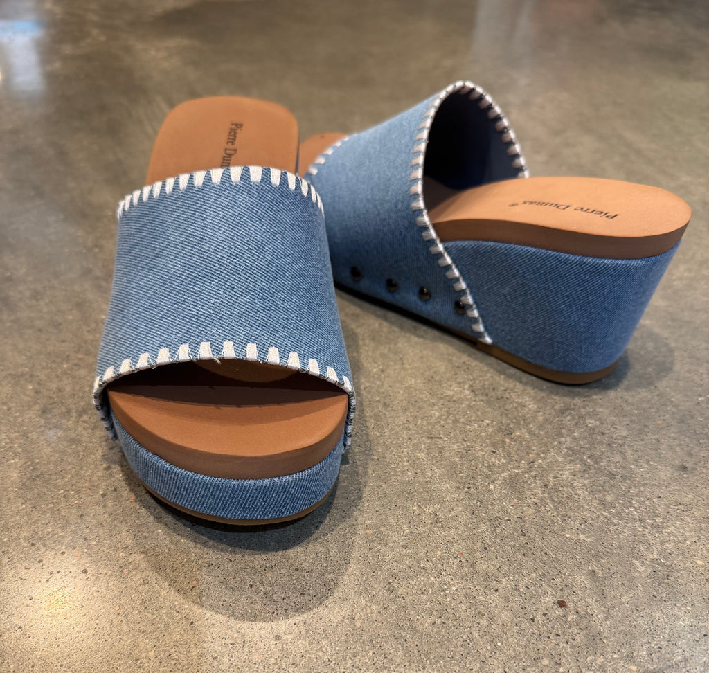 Denim White Stitch Slide Wedge Sandal