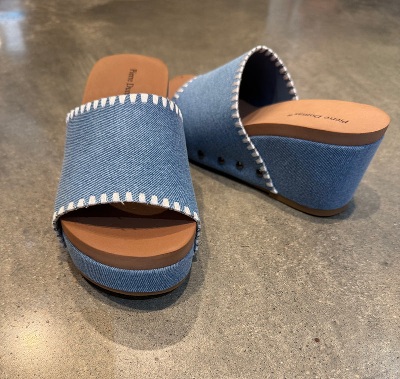Denim White Stitch Slide Wedge Sandal