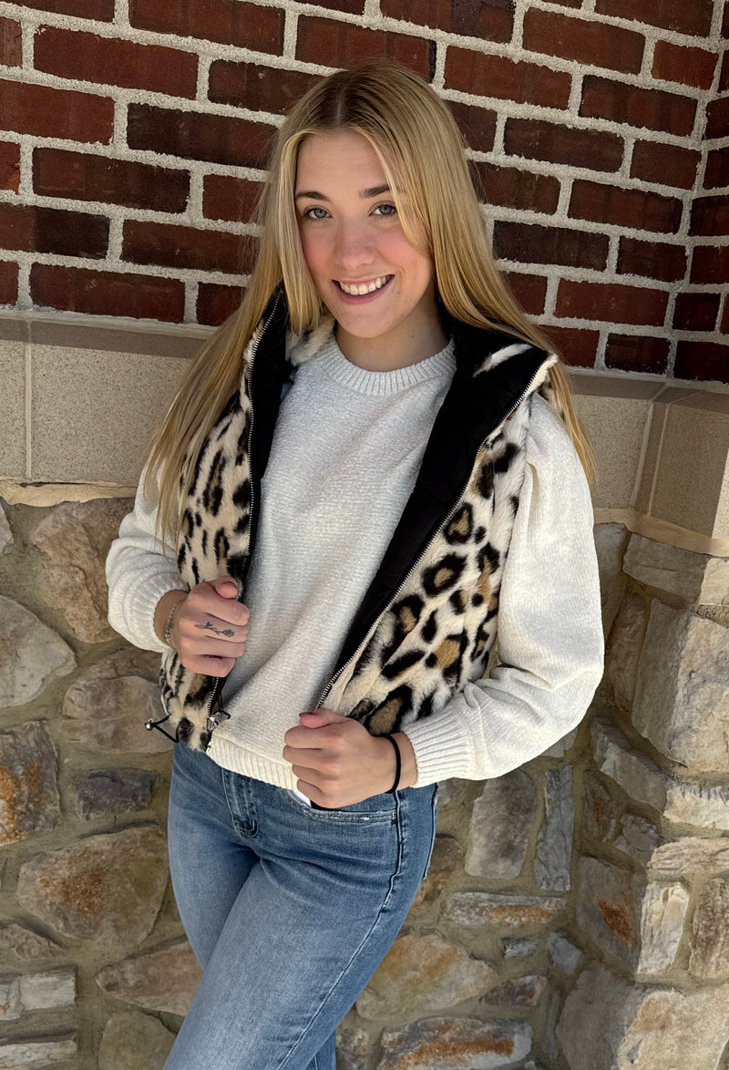 Reversible Leopard & Blk Puffer Vest