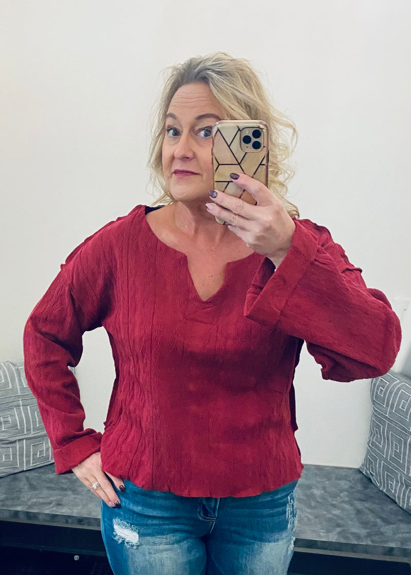 Flare Sleeve Textured Knit Top in Burgundy