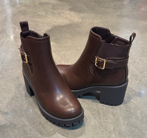 Brown Buckle Detail Boot with Chunky Heel
