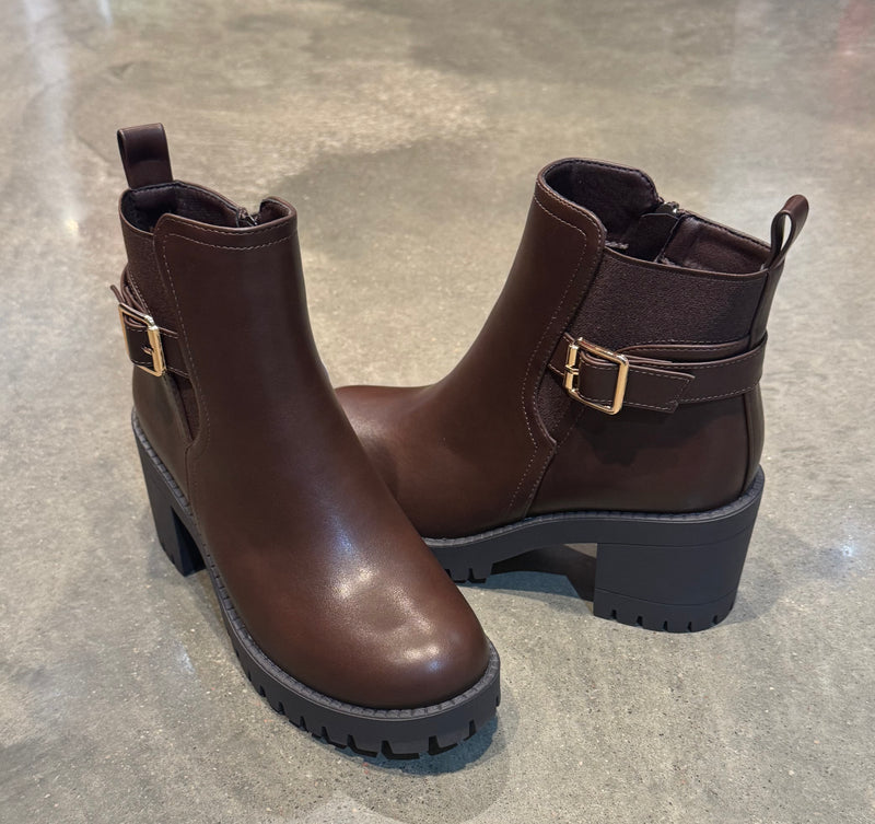 Brown Buckle Detail Boot with Chunky Heel