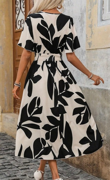 Leaf Print Flowy Sleeve Midi Dress