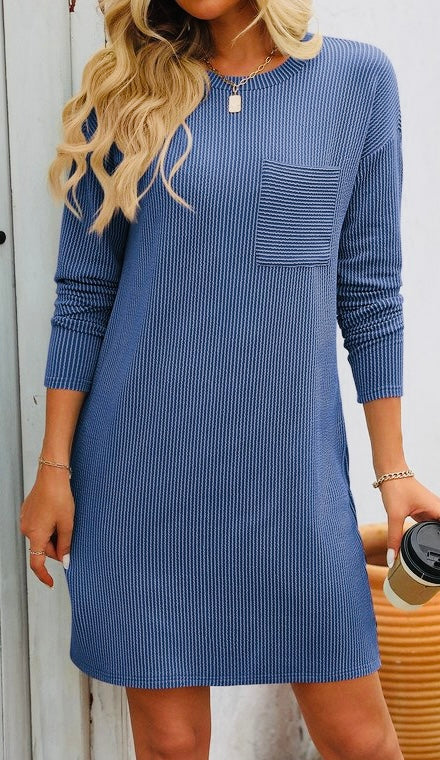 Ribbed L/S Dress in Blue