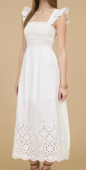 White Ruffle Straps Midi Dress