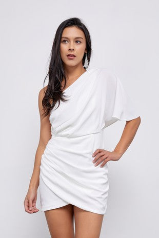 One Shoulder White Wrap Dress