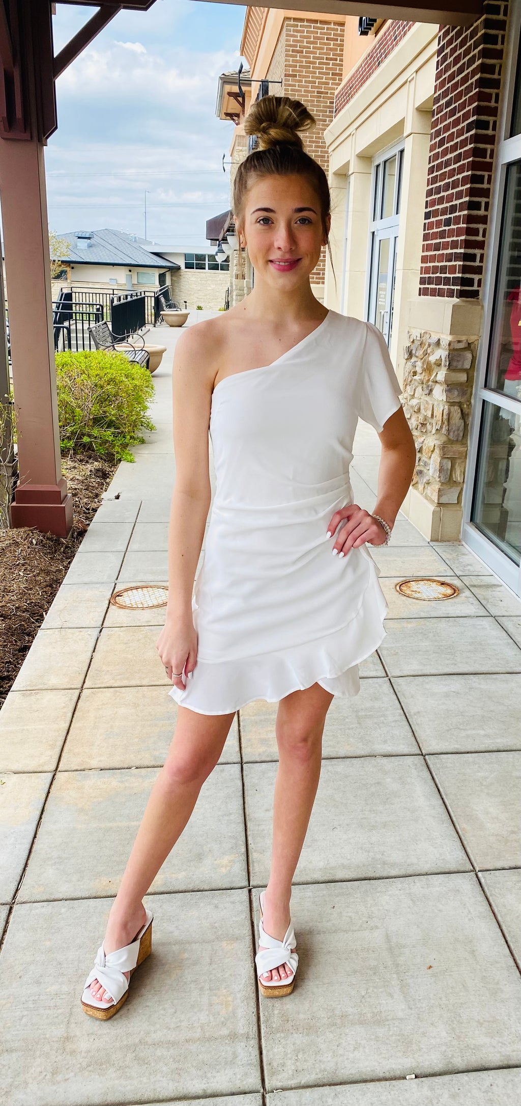 One Shoulder White Dress Ruffle Skirt