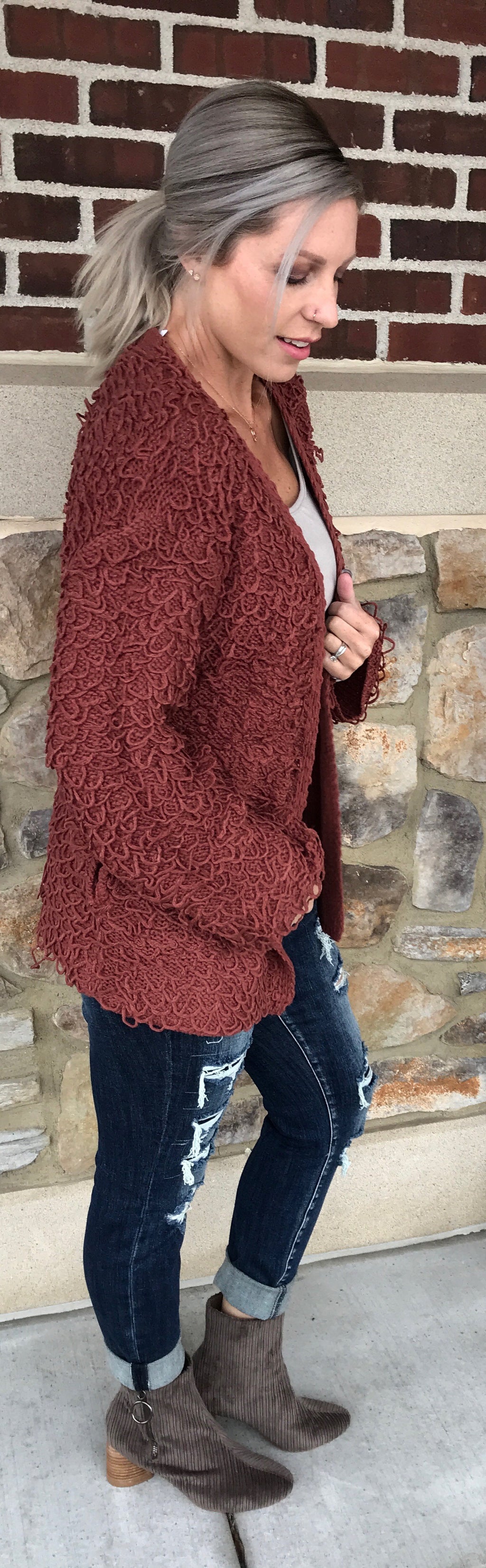 Tassel Sweater Cardigan In Brick