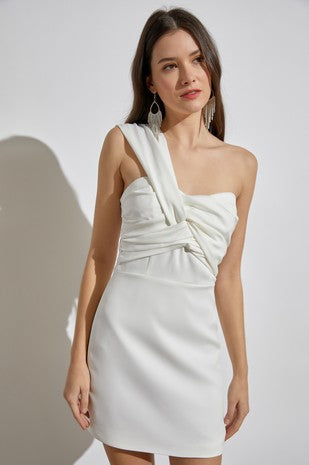 Pleated One Shoulder White Dress